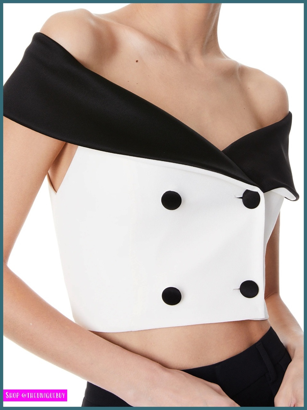 Alice + Olivia Avalon Off Shoulder Double Breasted Off White Black Crop Top